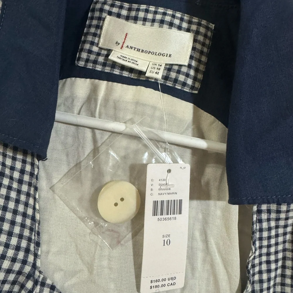 HTF Anthropologie Navy Blue Linen Cotton Gingham Camellia Collared Dress Size 10 - Picture 9 of 13